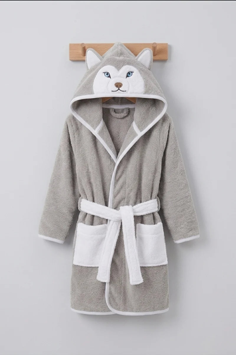 Wolf Hooded Kids Bathrobe – velvet gray (Ages 4, 6, & 8)