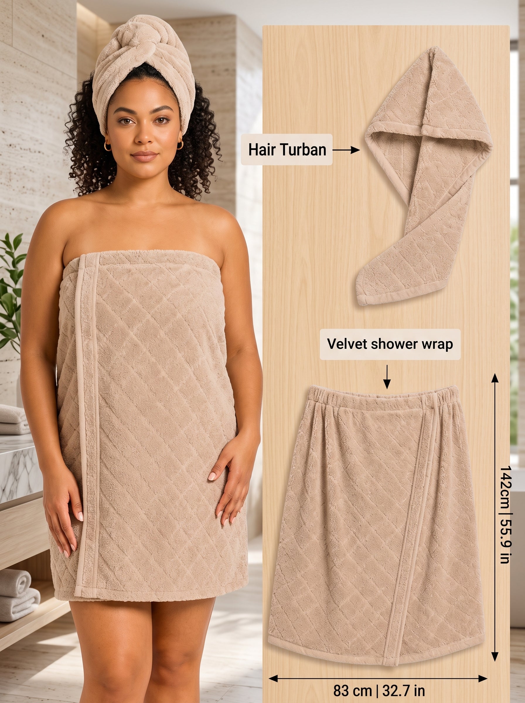 Women's Shower Wrap & Hair Turban Set – 100% Terry Cotton Bath Wrap, Pack of 2