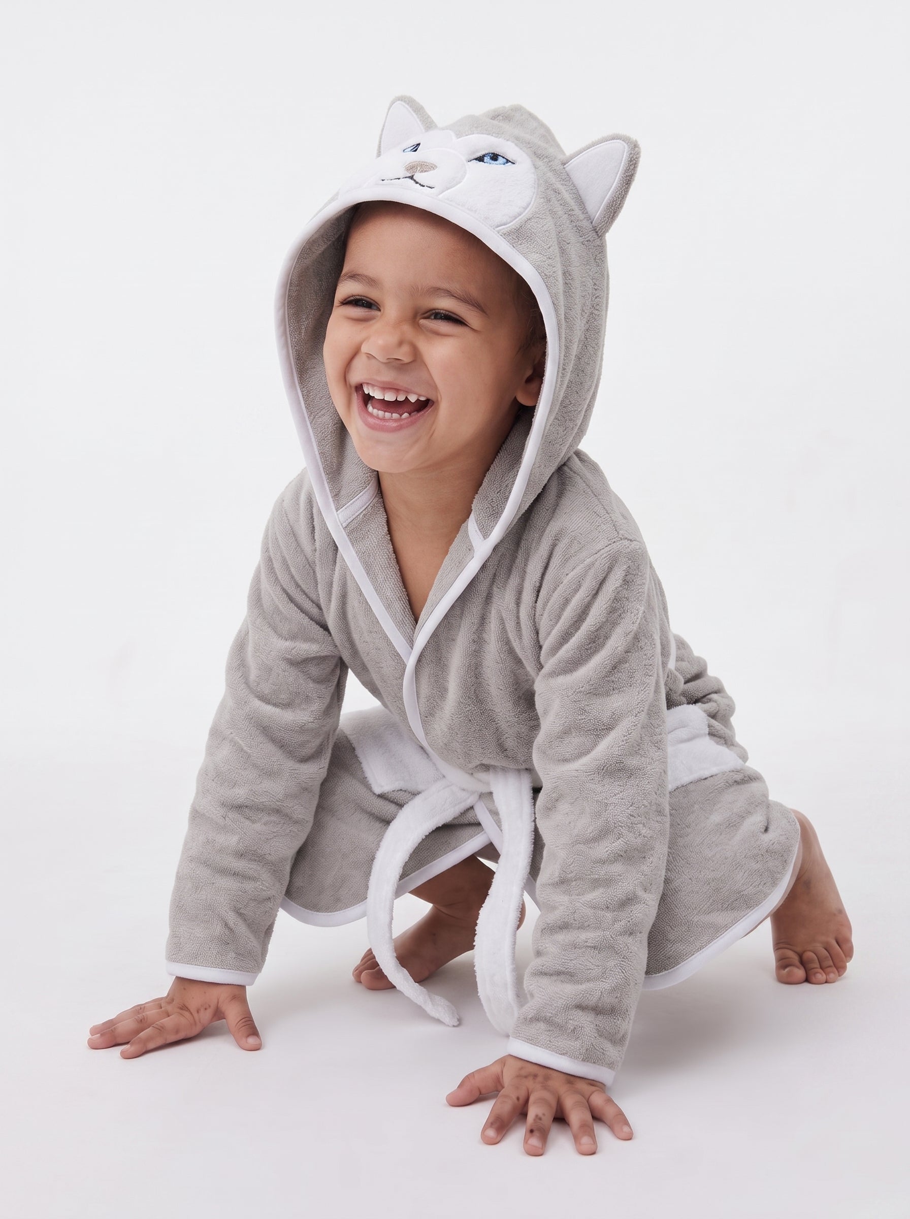 Wolf Hooded Kids Bathrobe – velvet gray (Ages 4, 6, & 8)