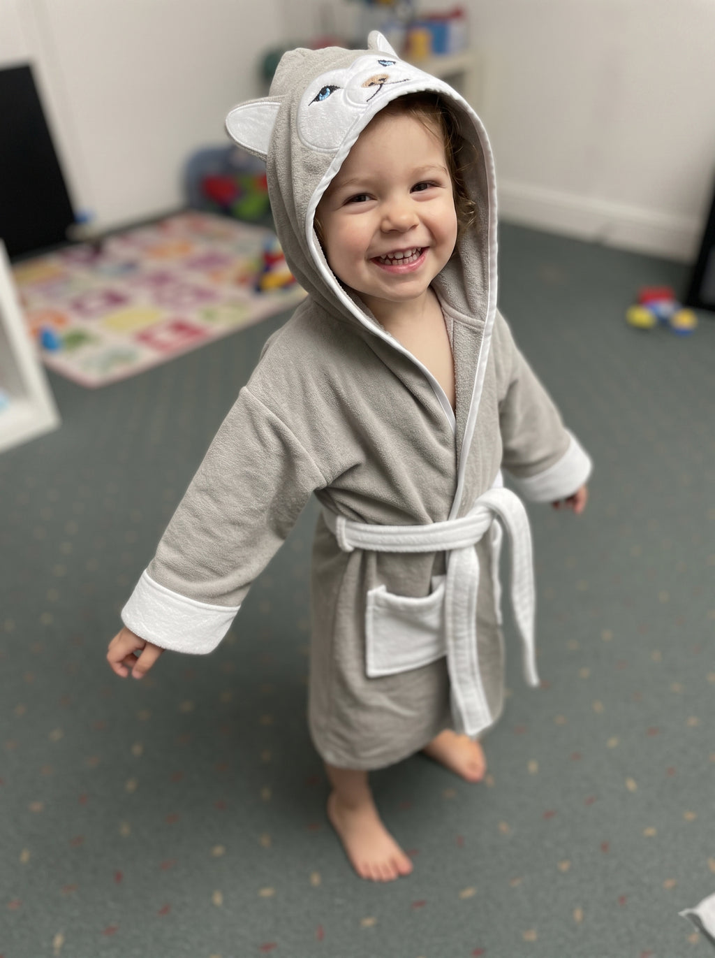 Wolf Hooded Kids Bathrobe – velvet gray (Ages 4, 6, & 8)
