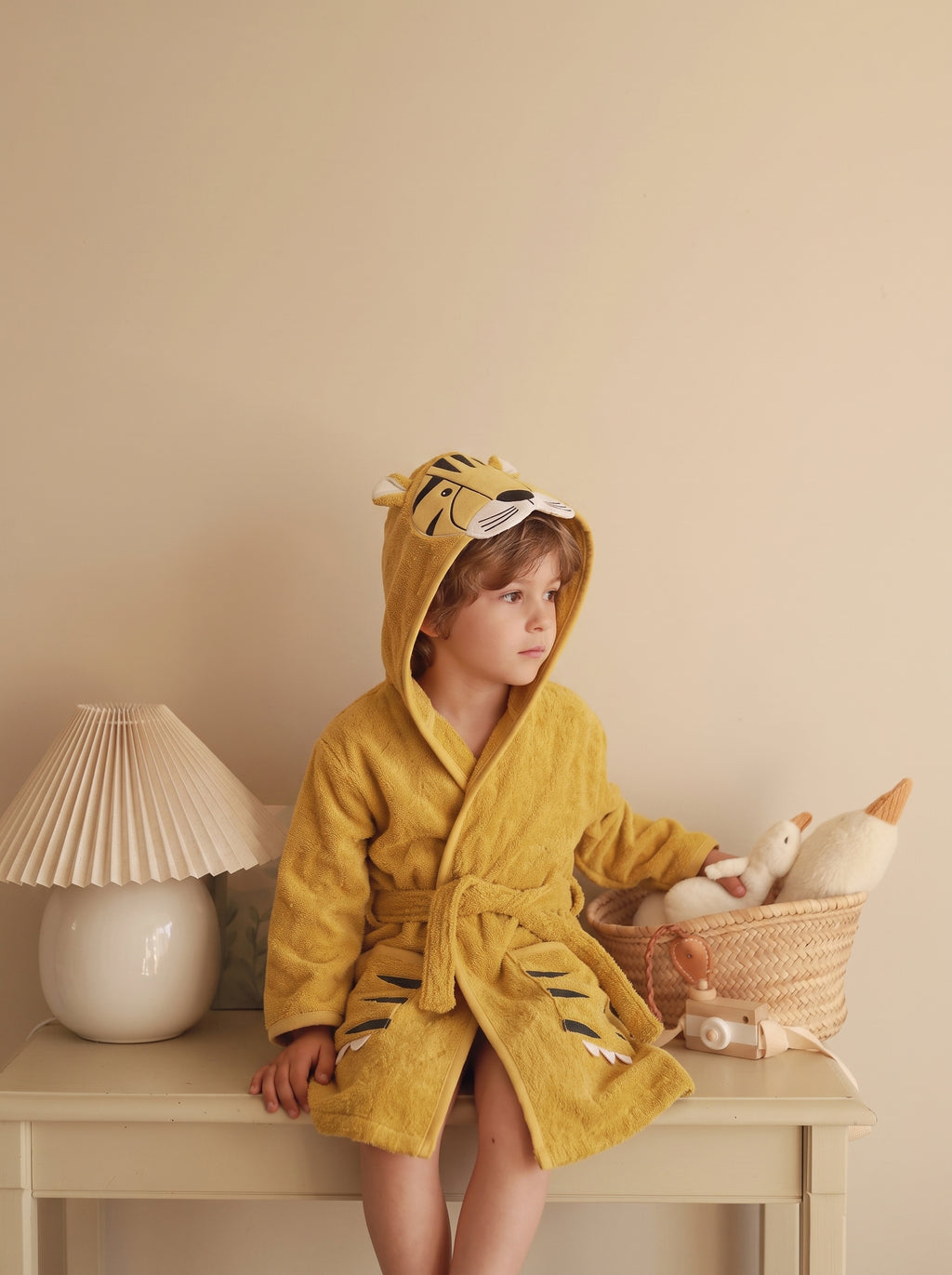 Tiger Hooded Kids Bathrobe – Yellow (Ages 2, 4, 6, & 8)