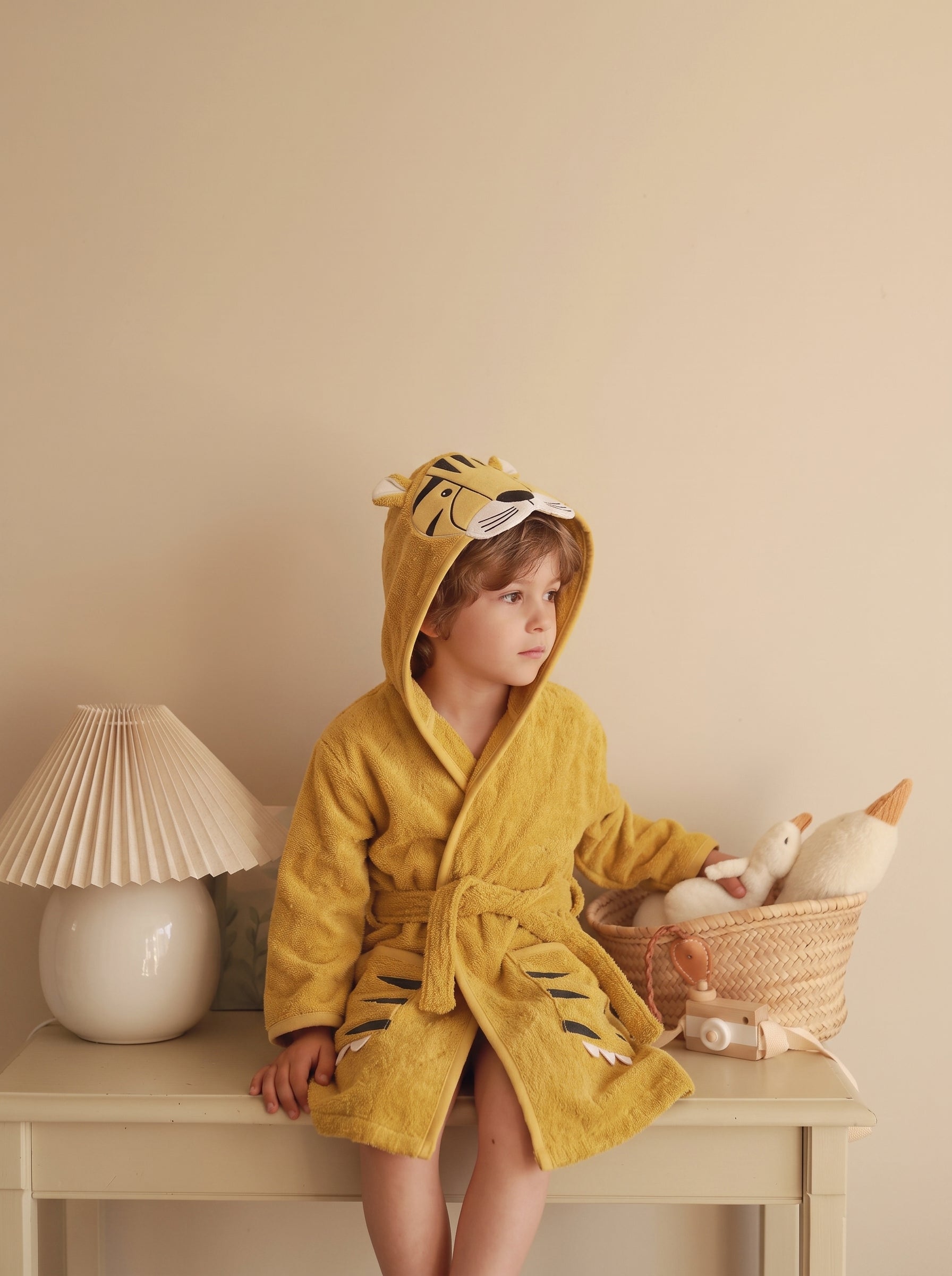Tiger Hooded Kids Bathrobe – Yellow (Ages 2, 4, 6, & 8)