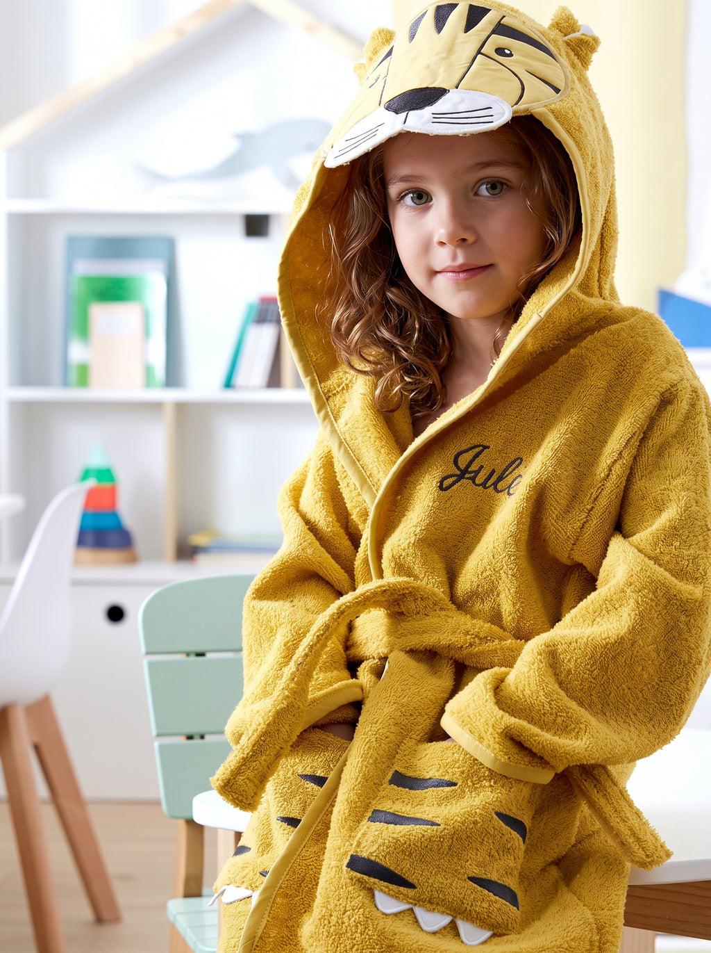 Tiger Hooded Kids Bathrobe – Yellow (Ages 2, 4, 6, & 8)