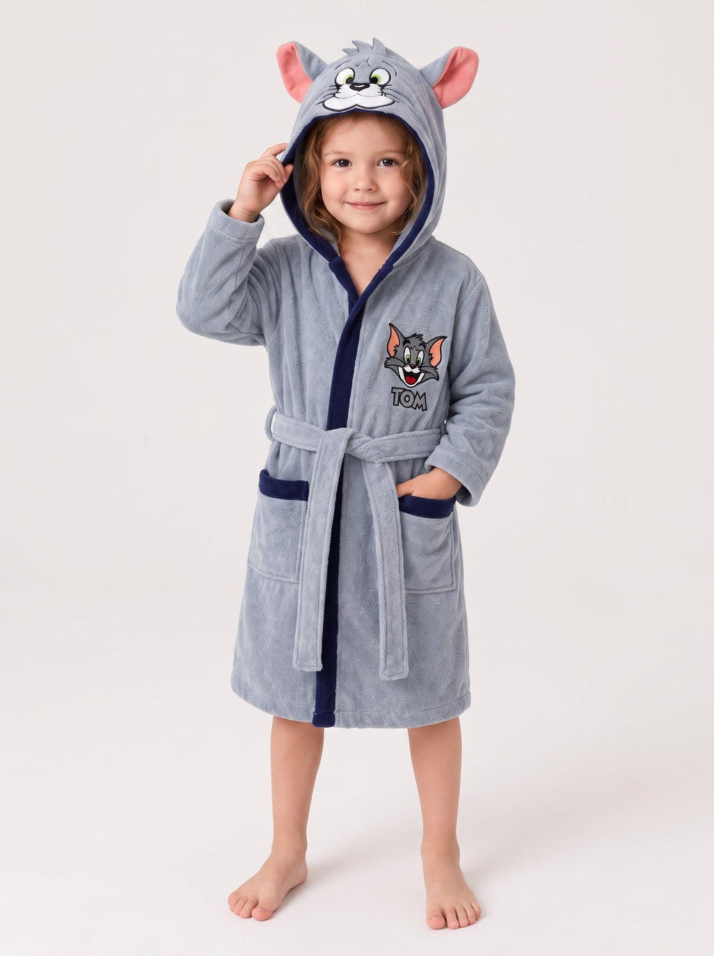 Tom Hooded Kids Bathrobe – Light Grey & Navy Blue (Ages 4, 6, & 8)