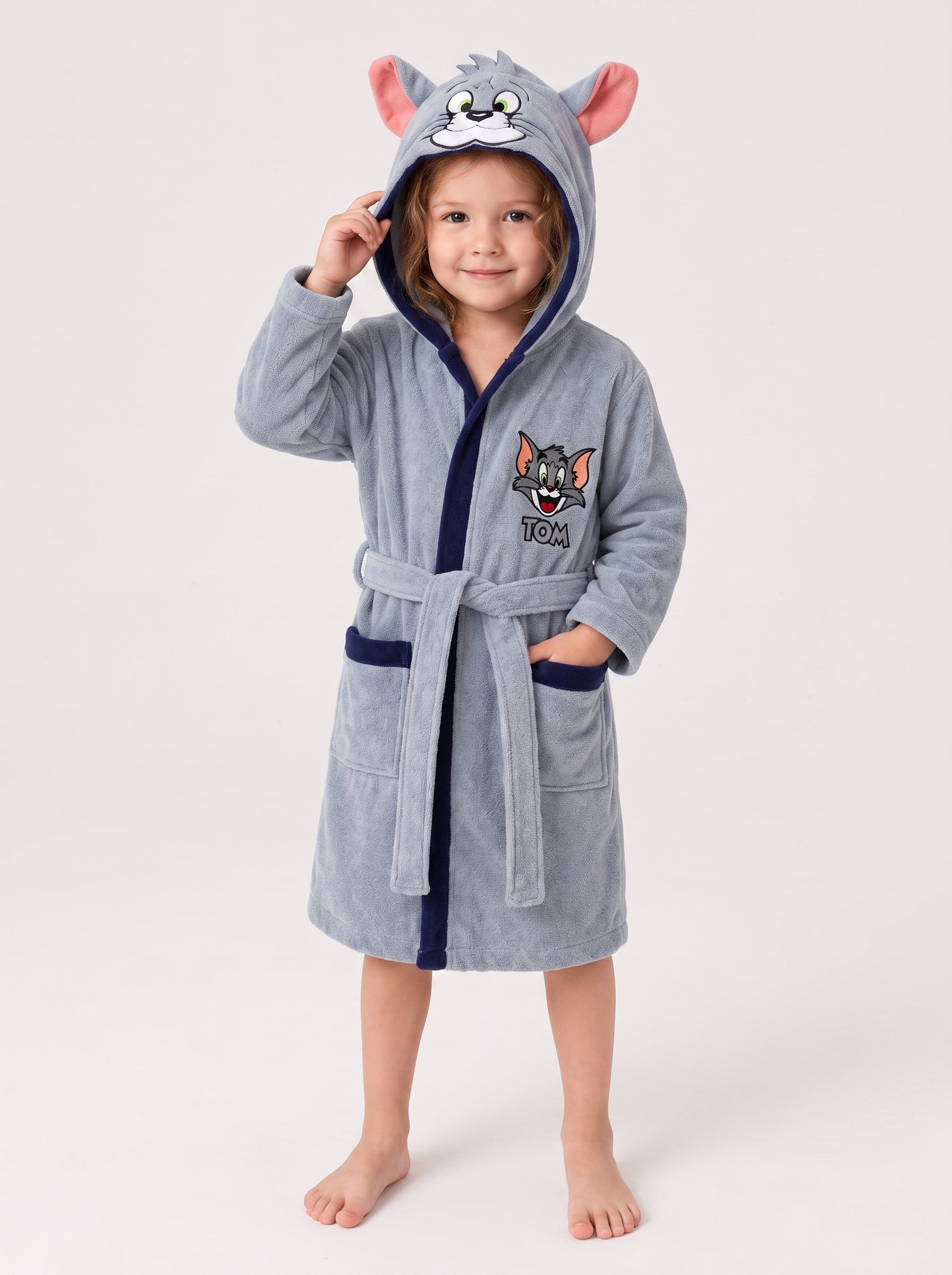 Tom Hooded Kids Bathrobe – Light Grey & Navy Blue (Ages 4, 6, & 8)