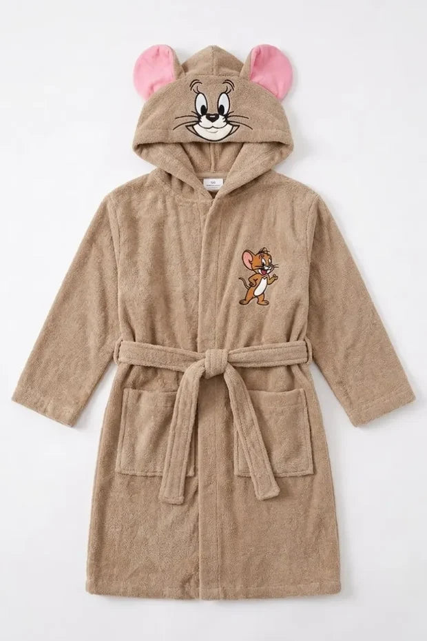 Jerry Hooded Kids Bathrobe – Beige & Pink (Ages 4, 6, & 8)