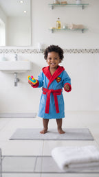 Super Man Hooded Kids Bathrobe – sky blue velvet (Ages 4, 6, & 8)