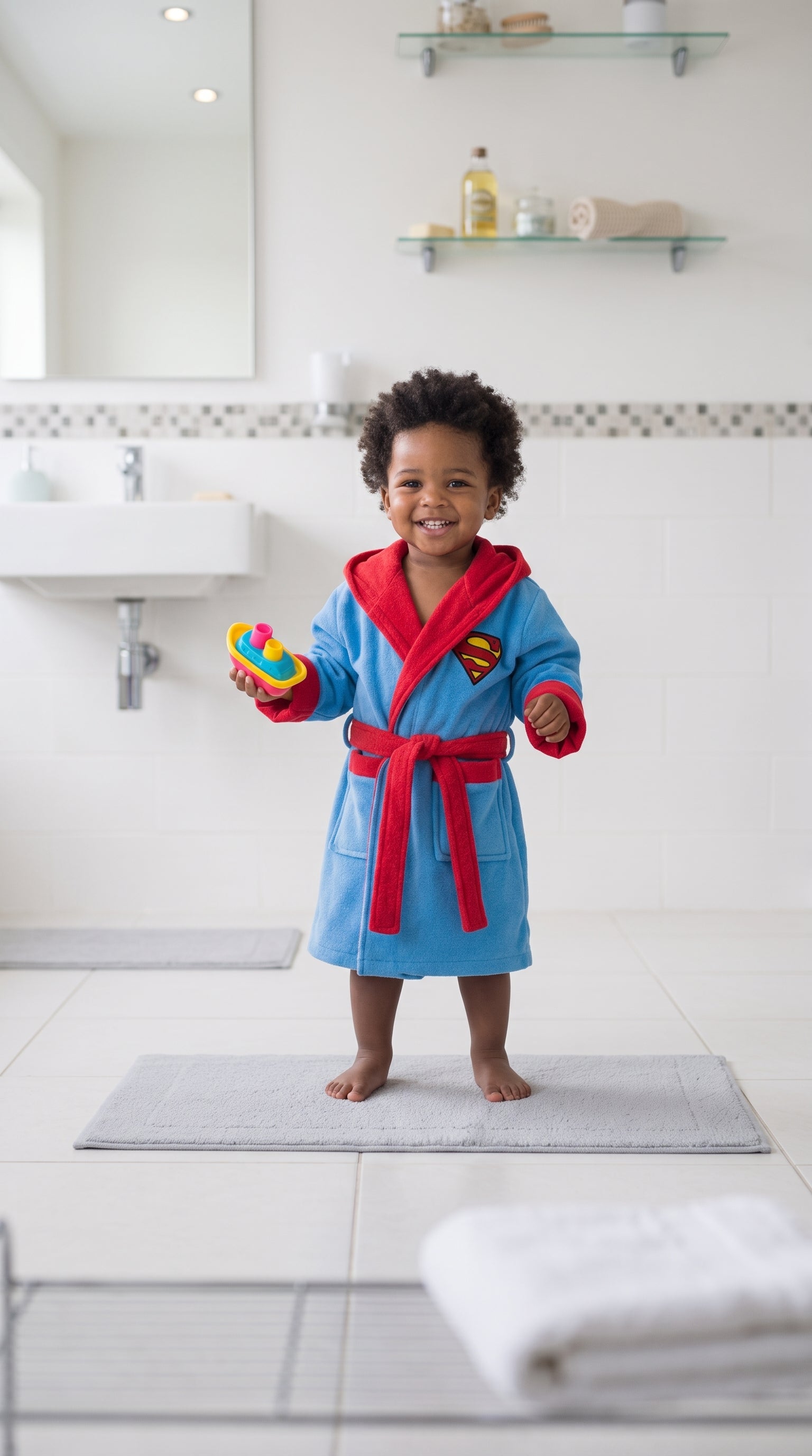Super Man Hooded Kids Bathrobe – sky blue velvet (Ages 4, 6, & 8)