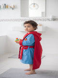 Super Man Hooded Kids Bathrobe – sky blue velvet (Ages 4, 6, & 8)