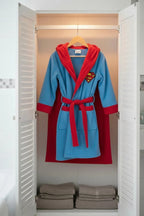 Super Man Hooded Kids Bathrobe – sky blue velvet (Ages 4, 6, & 8)