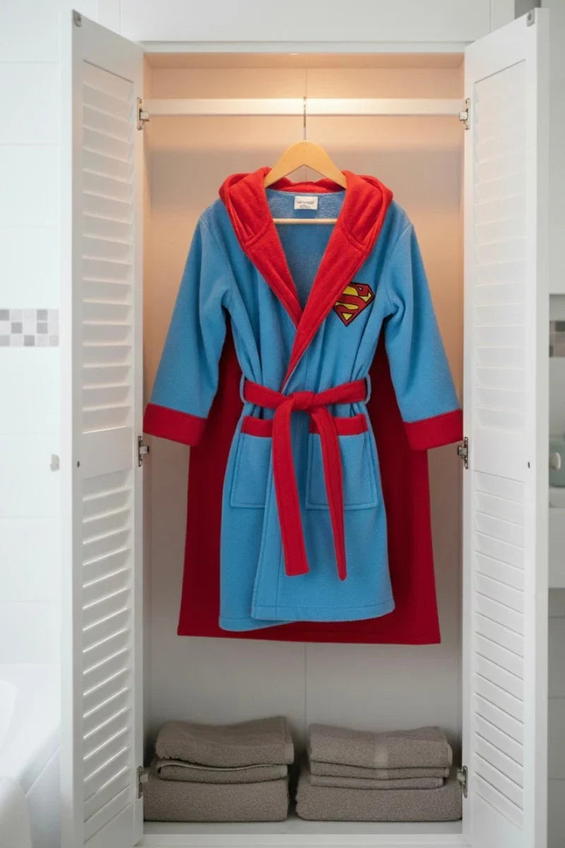 Super Man Hooded Kids Bathrobe – sky blue velvet (Ages 4, 6, & 8)