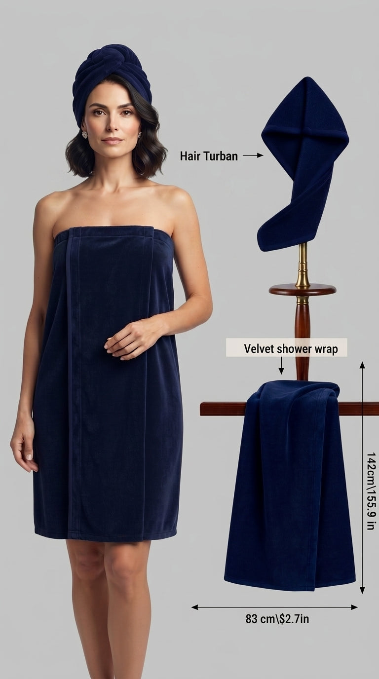 Velvet Shower Wrap with Hair Turban | For Ladies | Highly Absorbent | 4 Colors Available