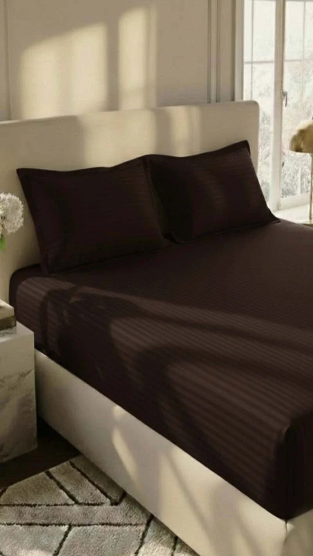 Dark Brown Stripe Fitted Bedsheet – Soft Micro Cotton King Size Bed Sheet