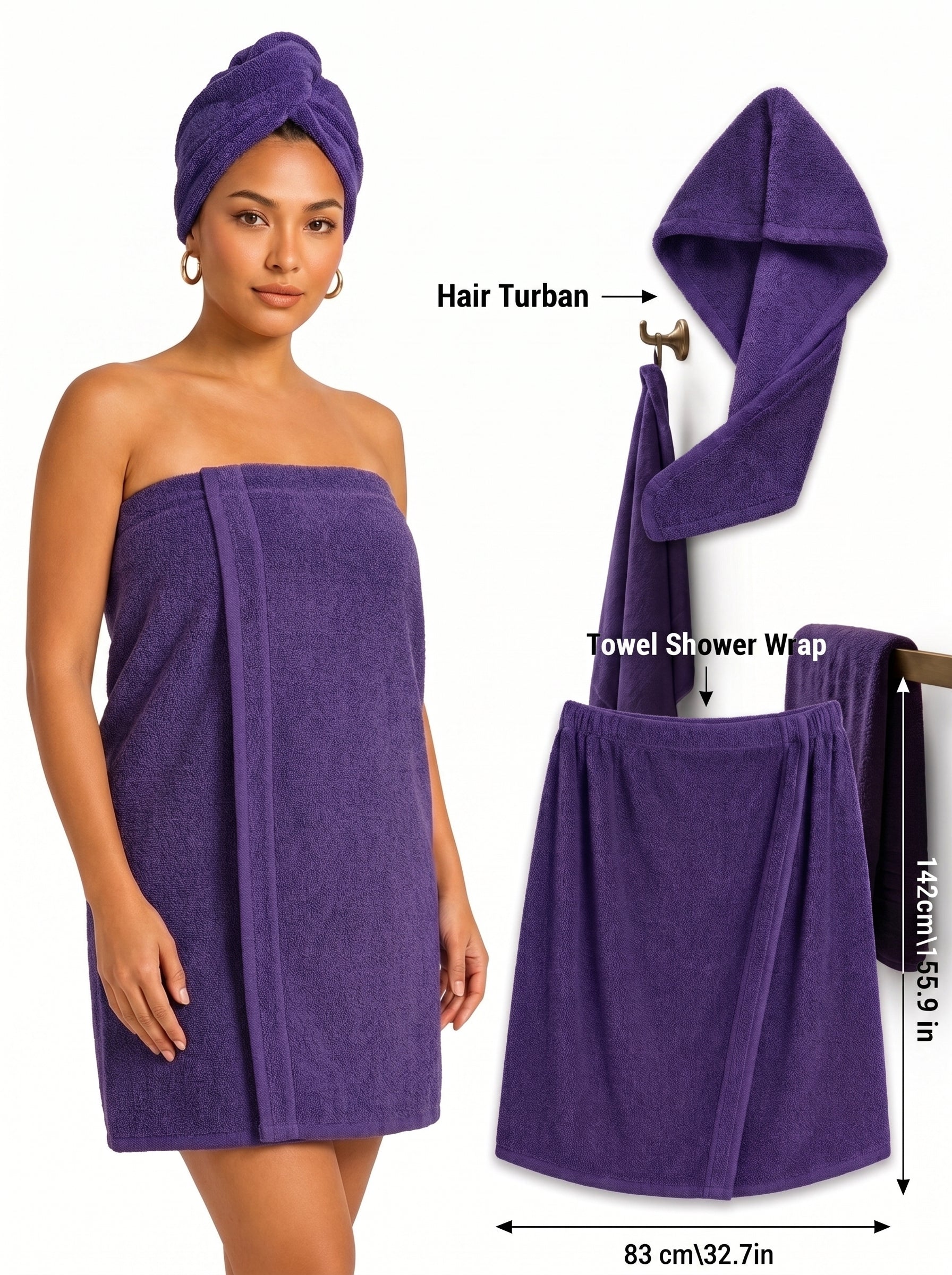 Women's Shower Wrap & Hair Turban Set – 100% Terry Cotton Bath Wrap, Pack of 2