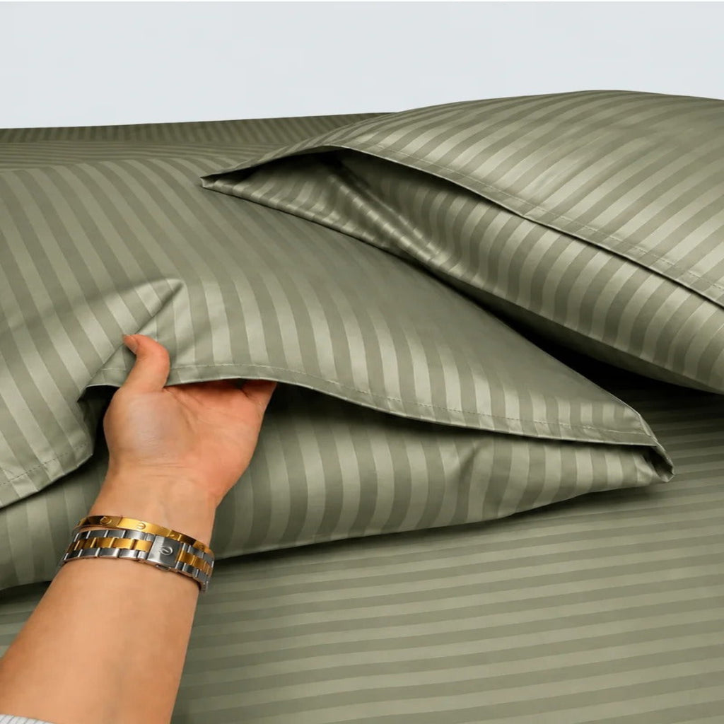 Sage Green Stripe Fitted Bedsheet – Soft Cotton King Size Bed Sheet
