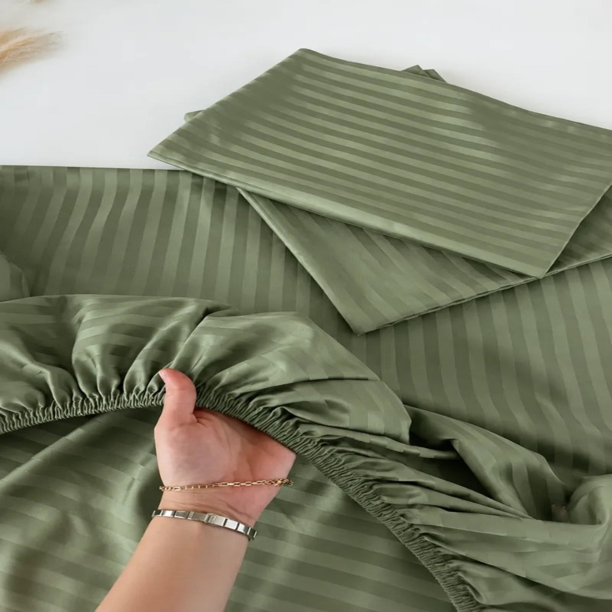 Sage Green Stripe Fitted Bedsheet – Soft Cotton King Size Bed Sheet