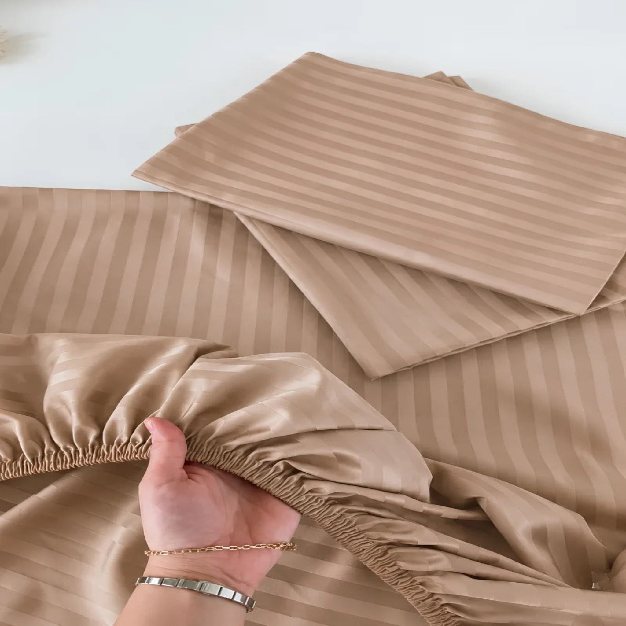 Camel Stripe Fitted Bedsheet – King Size Soft Micro Cotton Bed Sheet