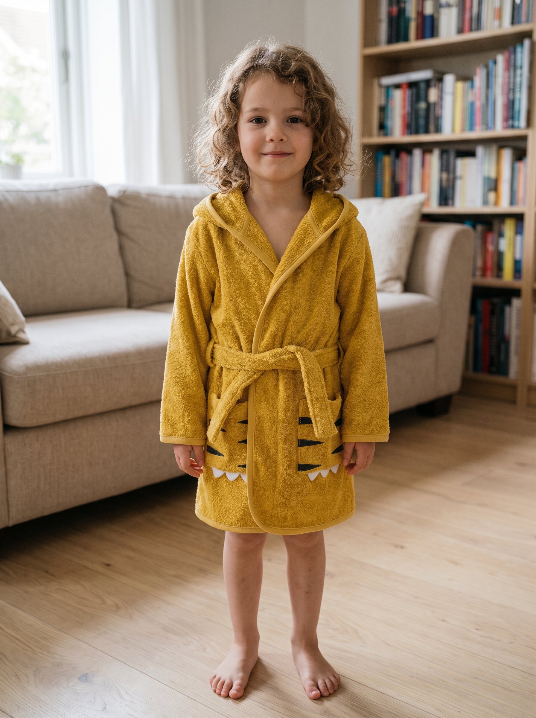 Tiger Hooded Kids Bathrobe – Yellow (Ages 2, 4, 6, & 8)
