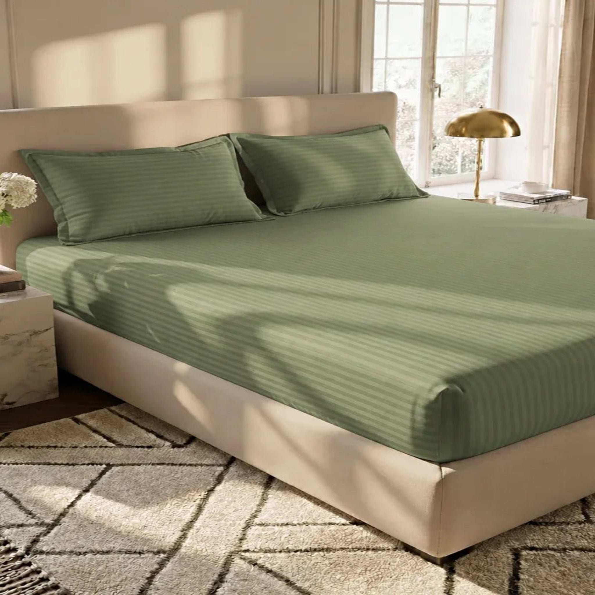 Sage Green Stripe Fitted Bedsheet – Soft Cotton King Size Bed Sheet