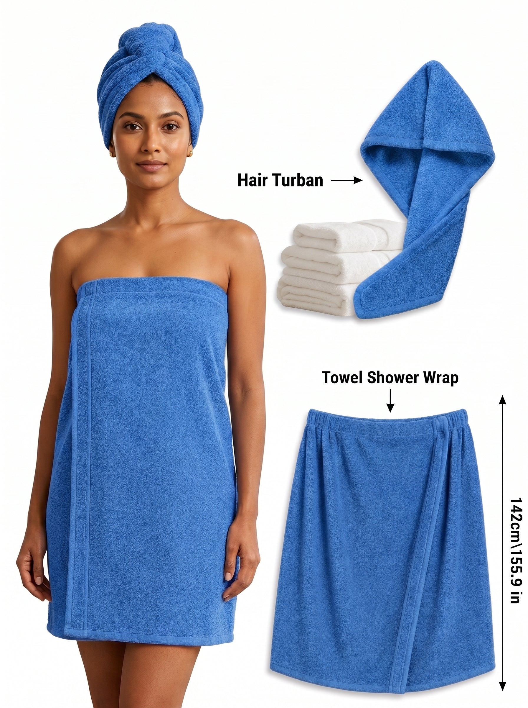 Women's Shower Wrap & Hair Turban Set – 100% Terry Cotton Bath Wrap, Pack of 2