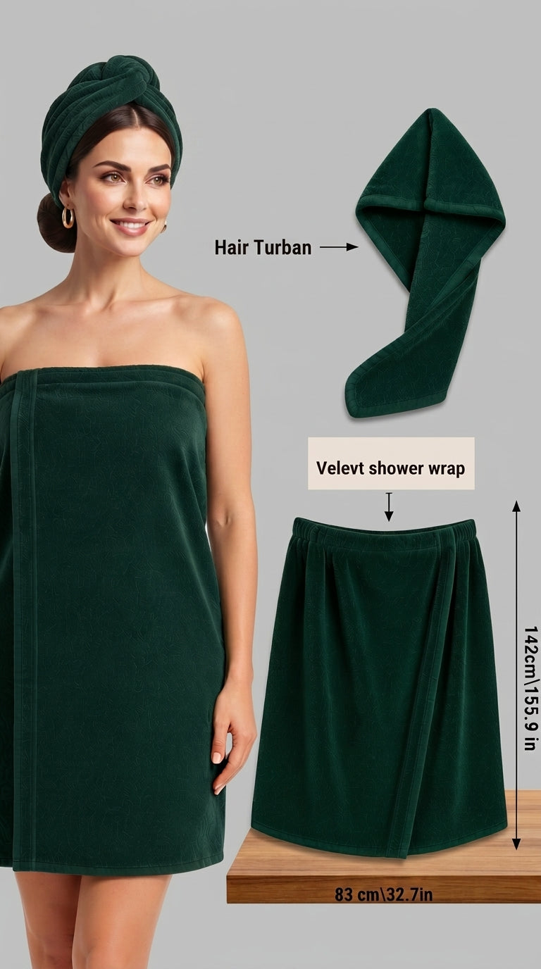 Velvet Shower Wrap with Hair Turban | For Ladies | Highly Absorbent | 4 Colors Available