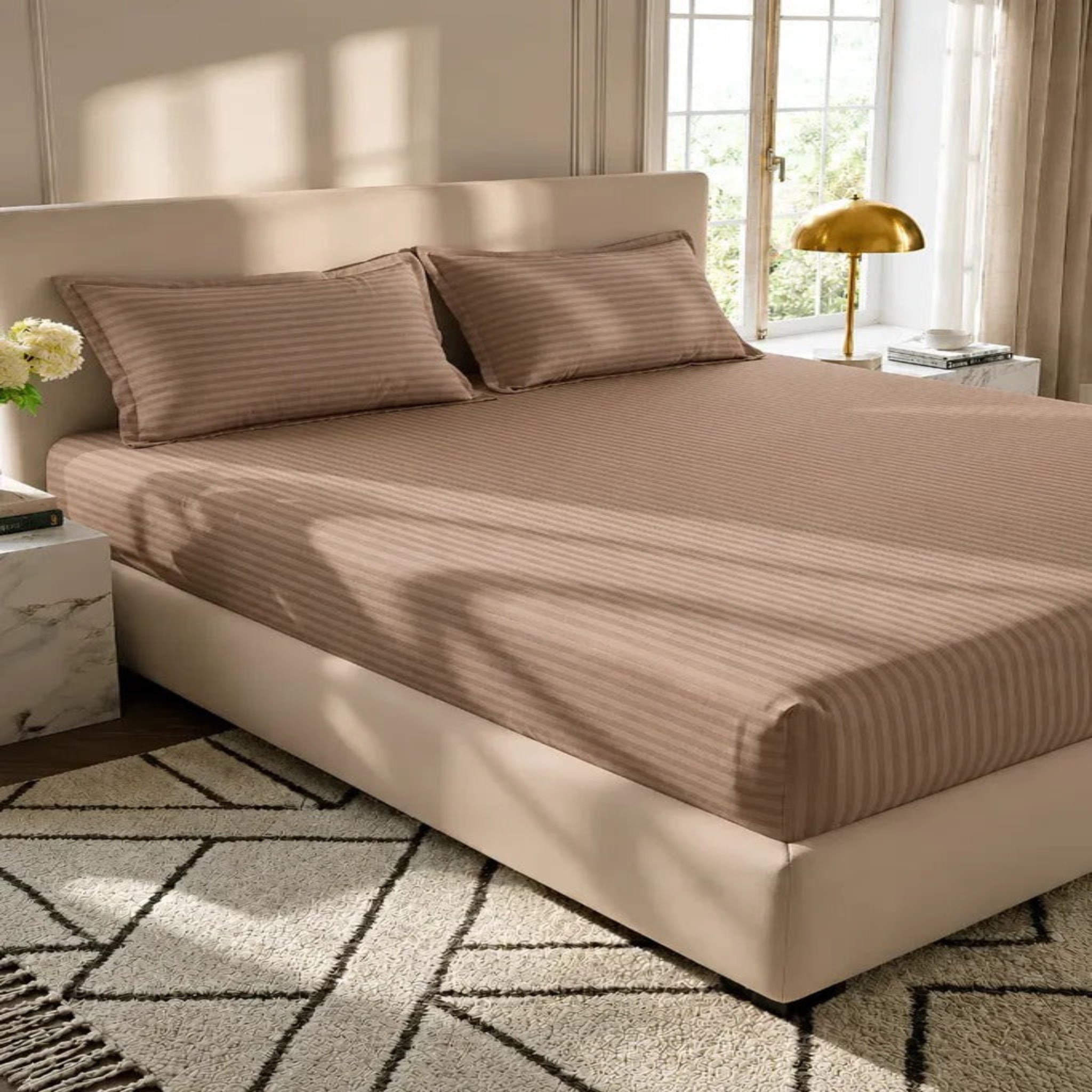 Camel Stripe Fitted Bedsheet – King Size Soft Micro Cotton Bed Sheet