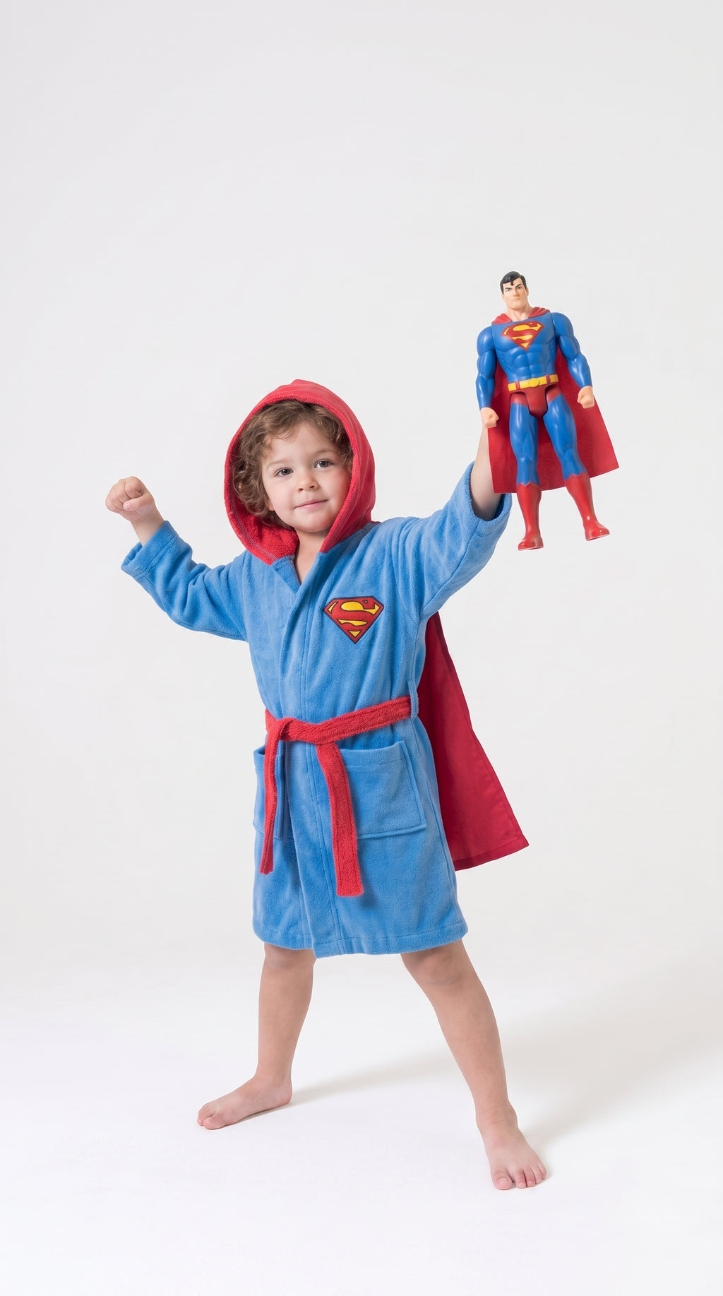 Super Man Hooded Kids Bathrobe – sky blue velvet (Ages 4, 6, & 8)