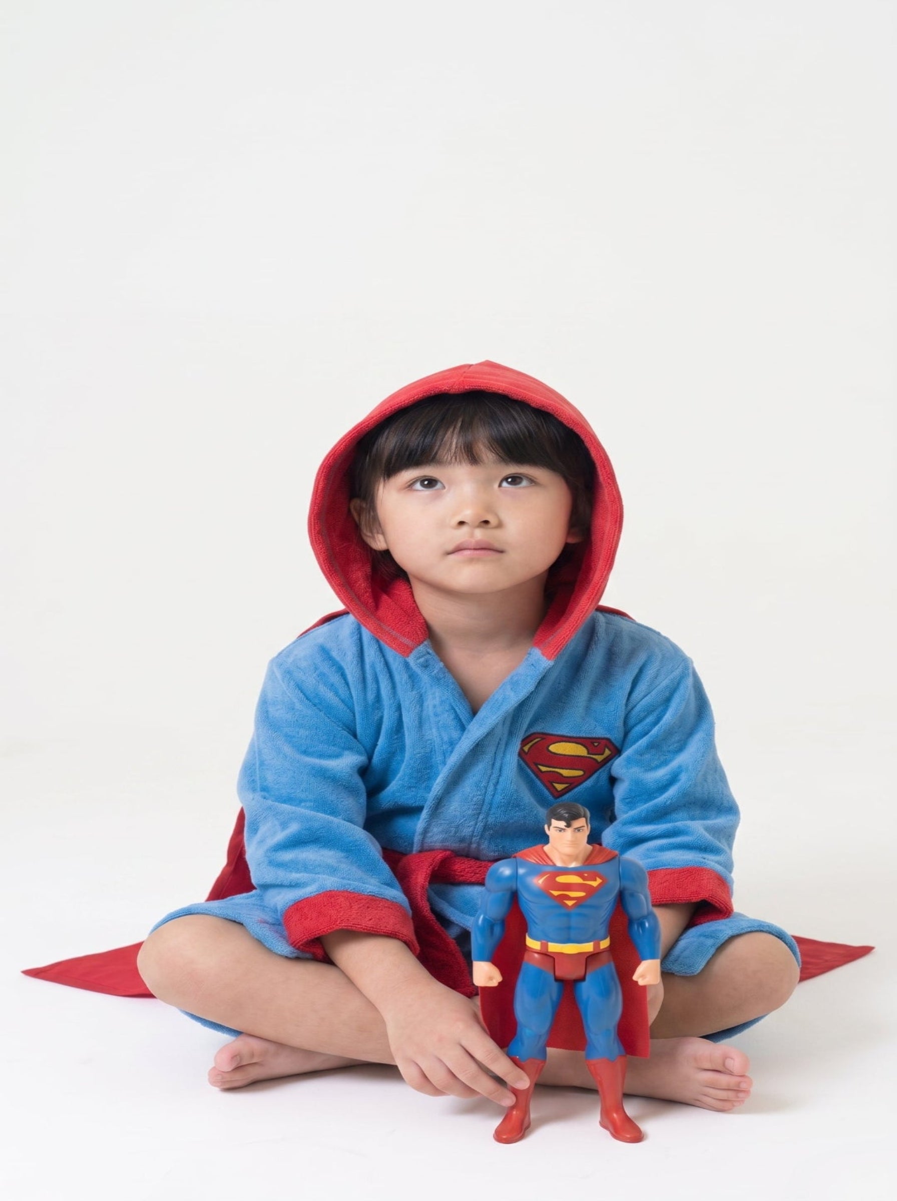 Super Man Hooded Kids Bathrobe – sky blue velvet (Ages 4, 6, & 8)