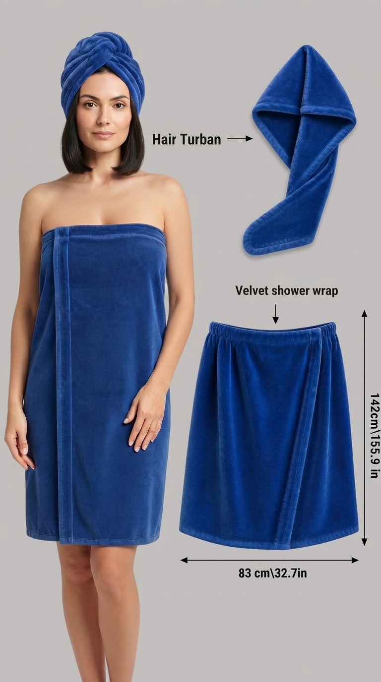 Velvet Shower Wrap with Hair Turban | For Ladies | Highly Absorbent | 4 Colors Available