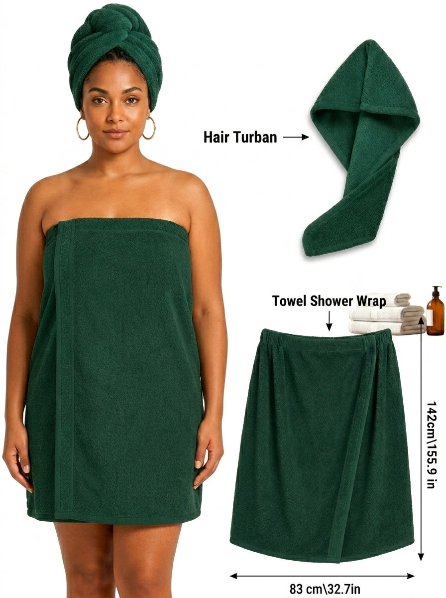 Women's Shower Wrap & Hair Turban Set – 100% Terry Cotton Bath Wrap, Pack of 2
