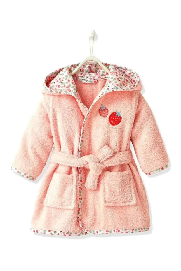 Strawberry Hooded Kids Bathrobe – Pink (Ages 1 to 3 Years)