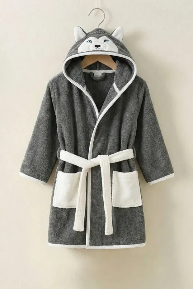 Wolf Hooded Kids Bathrobe – Dark Gray (Ages 4, 6, & 8)