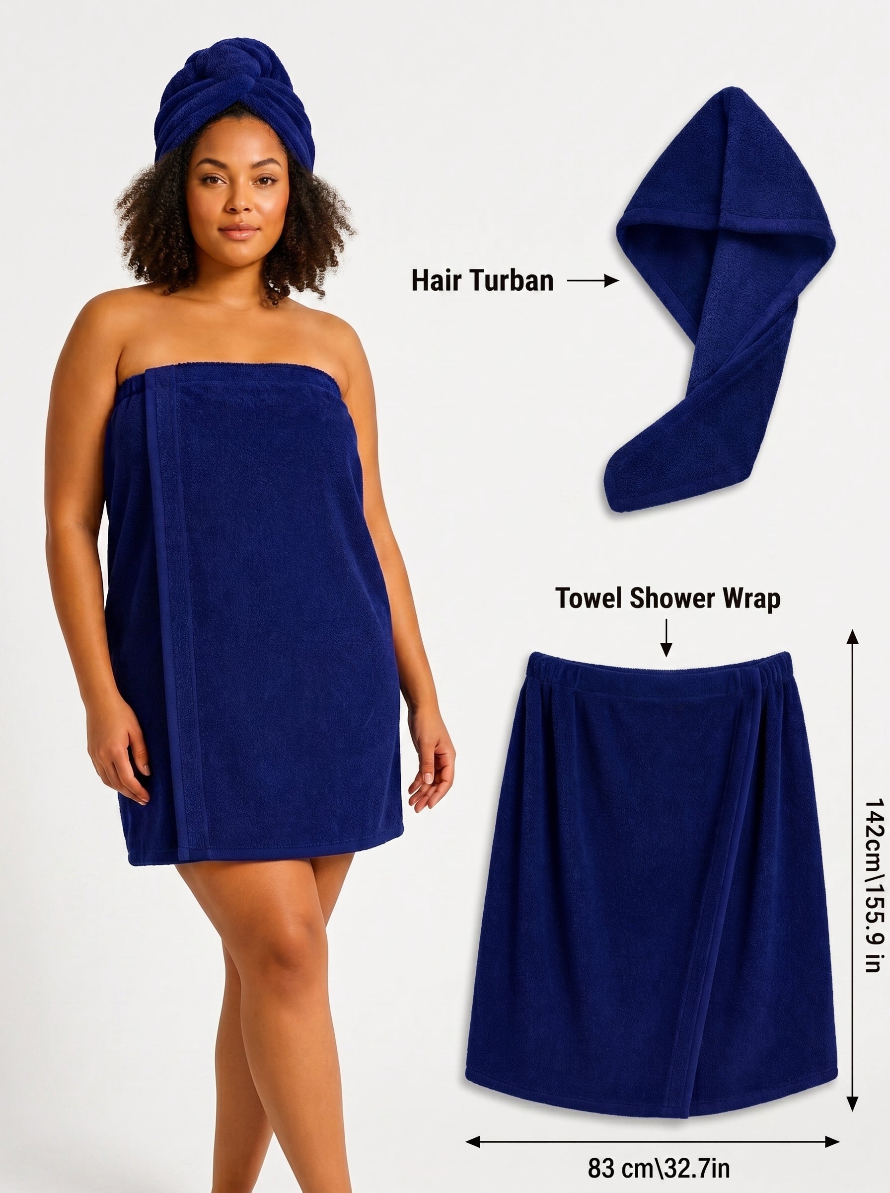 Women's Shower Wrap & Hair Turban Set – 100% Terry Cotton Bath Wrap, Pack of 2