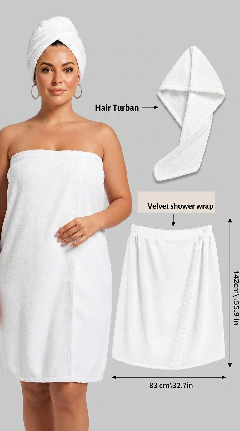 Velvet Shower Wrap with Hair Turban | For Ladies | Highly Absorbent | 4 Colors Available
