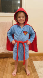 Super Man Hooded Kids Bathrobe – sky blue velvet (Ages 4, 6, & 8)