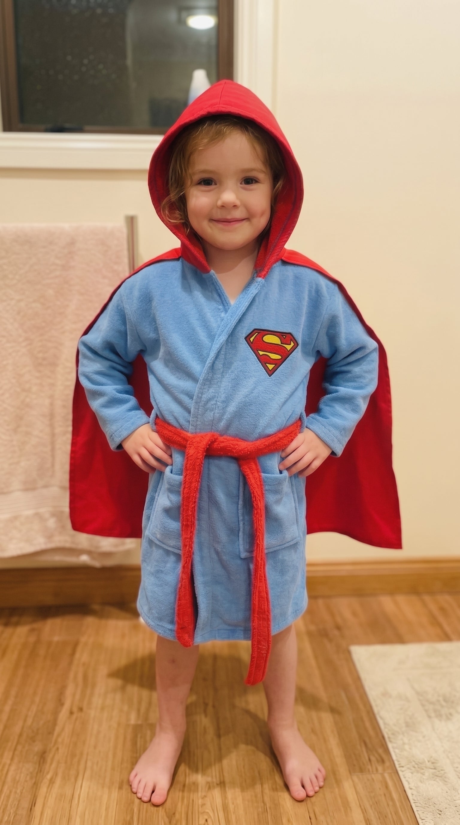 Super Man Hooded Kids Bathrobe – sky blue velvet (Ages 4, 6, & 8)