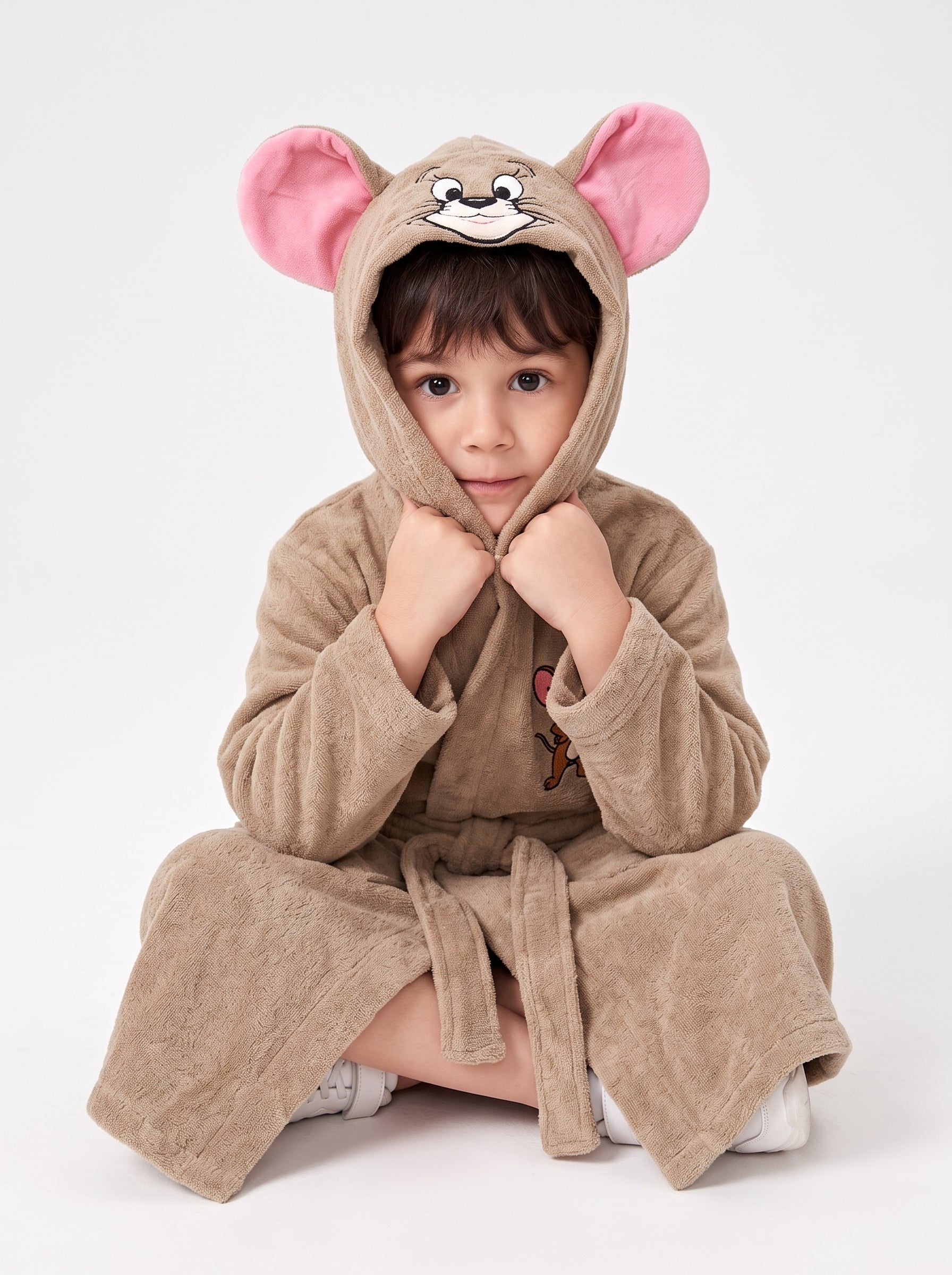 Jerry Hooded Kids Bathrobe – Beige & Pink (Ages 4, 6, & 8)