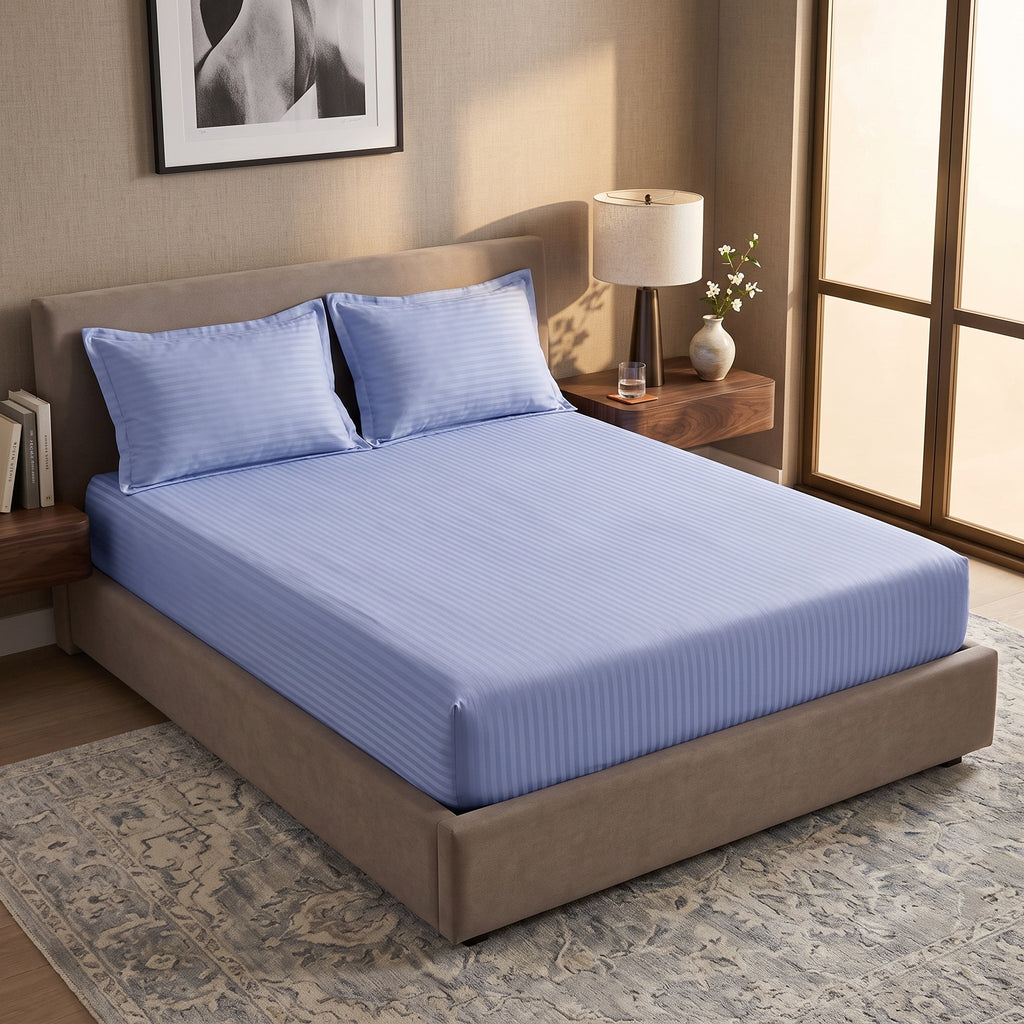 Ice Blue Stripe Fitted Bedsheet – King Size | 100% Micro Cotton Elastic Deep Pocket Bed Sheet