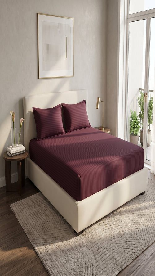 Deep Red Stripe Fitted Bedsheet – King Size | 100% Micro Cotton Elastic Deep Pocket Bed Sheet