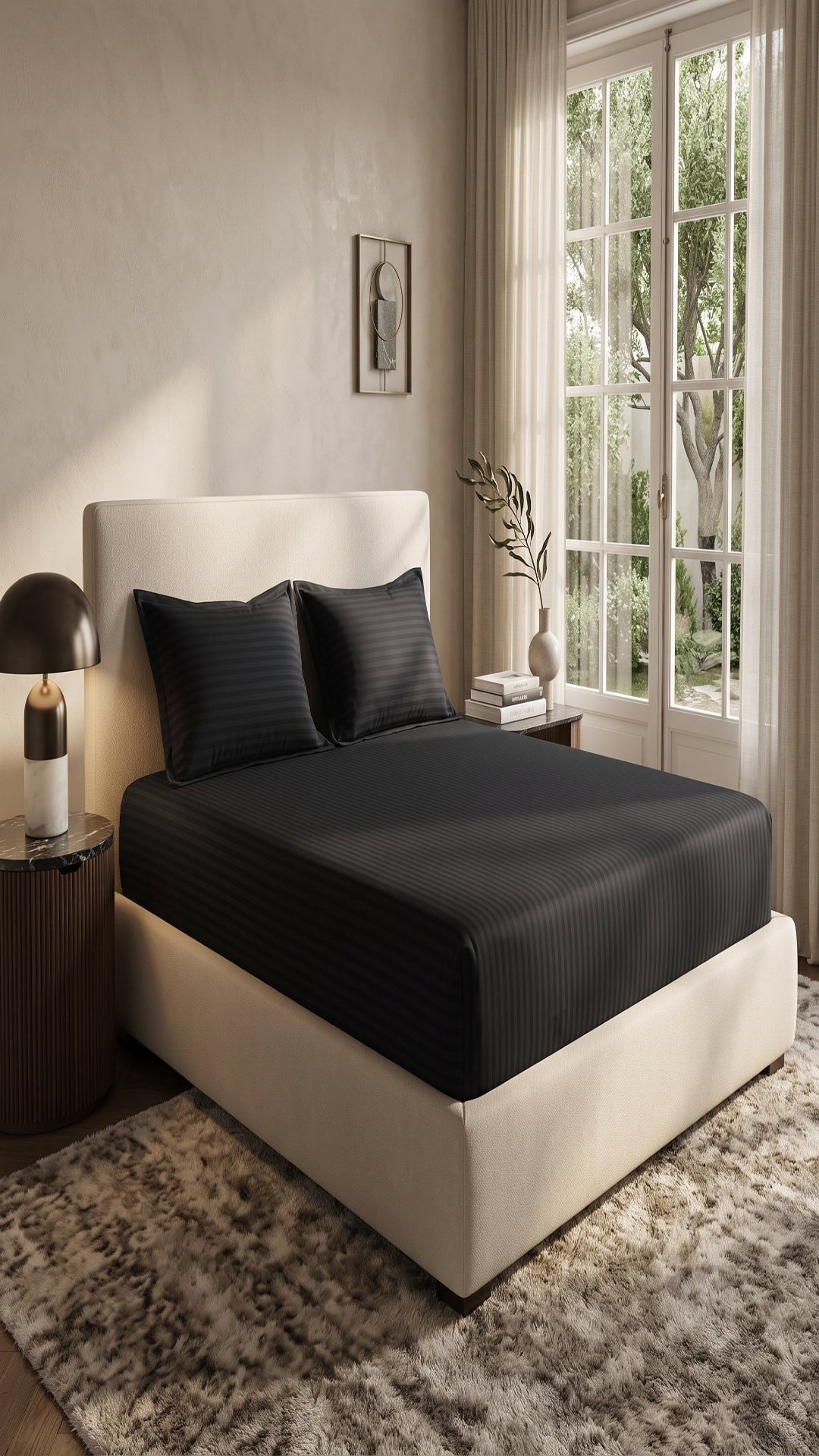 Black Stripe Fitted Bedsheet – King Size | 100% Cotton Elastic Deep Pocket Bed Sheet for Bedroom