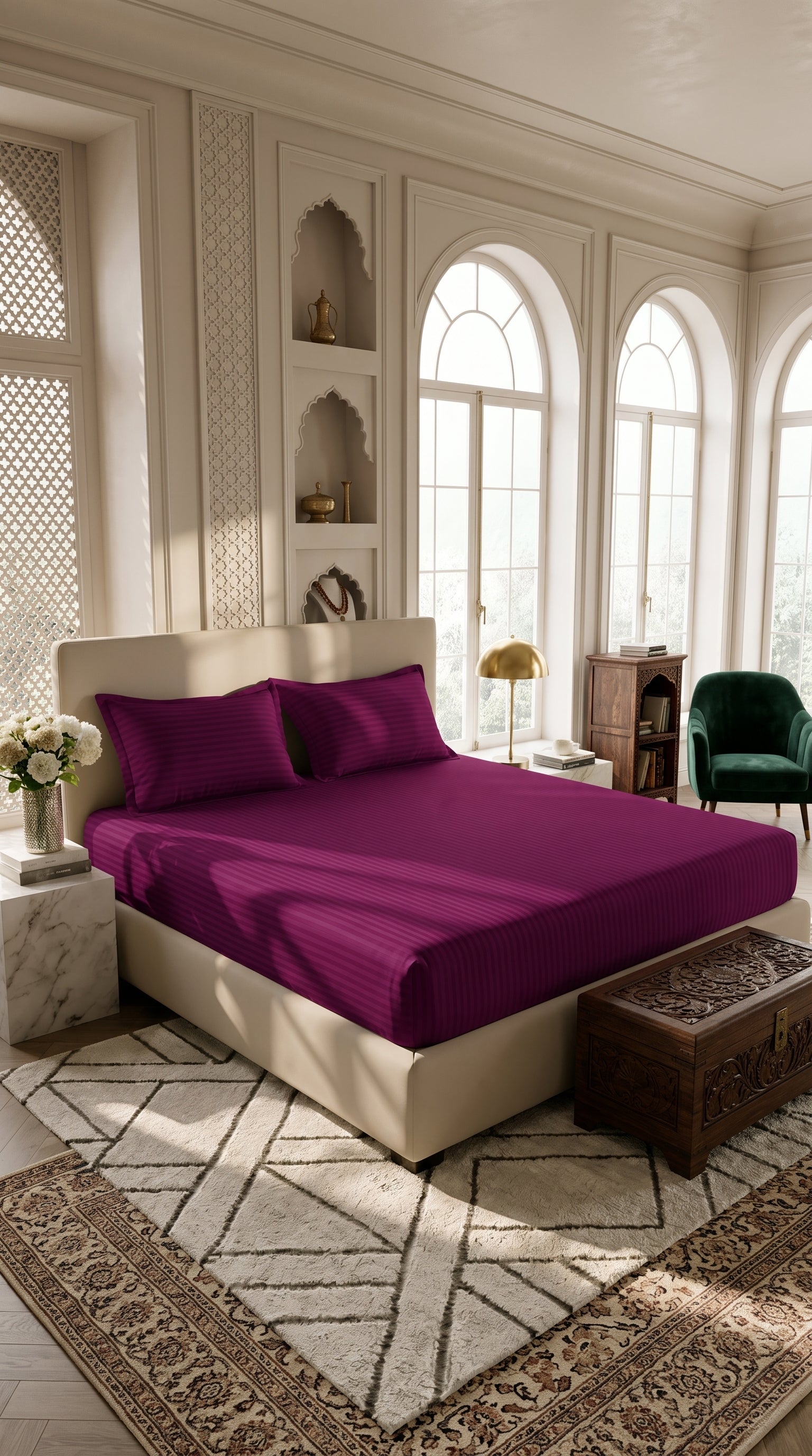 Plum Magenta Stripe Fitted Bedsheet – King Size | Micro Cotton, Soft & Breathable