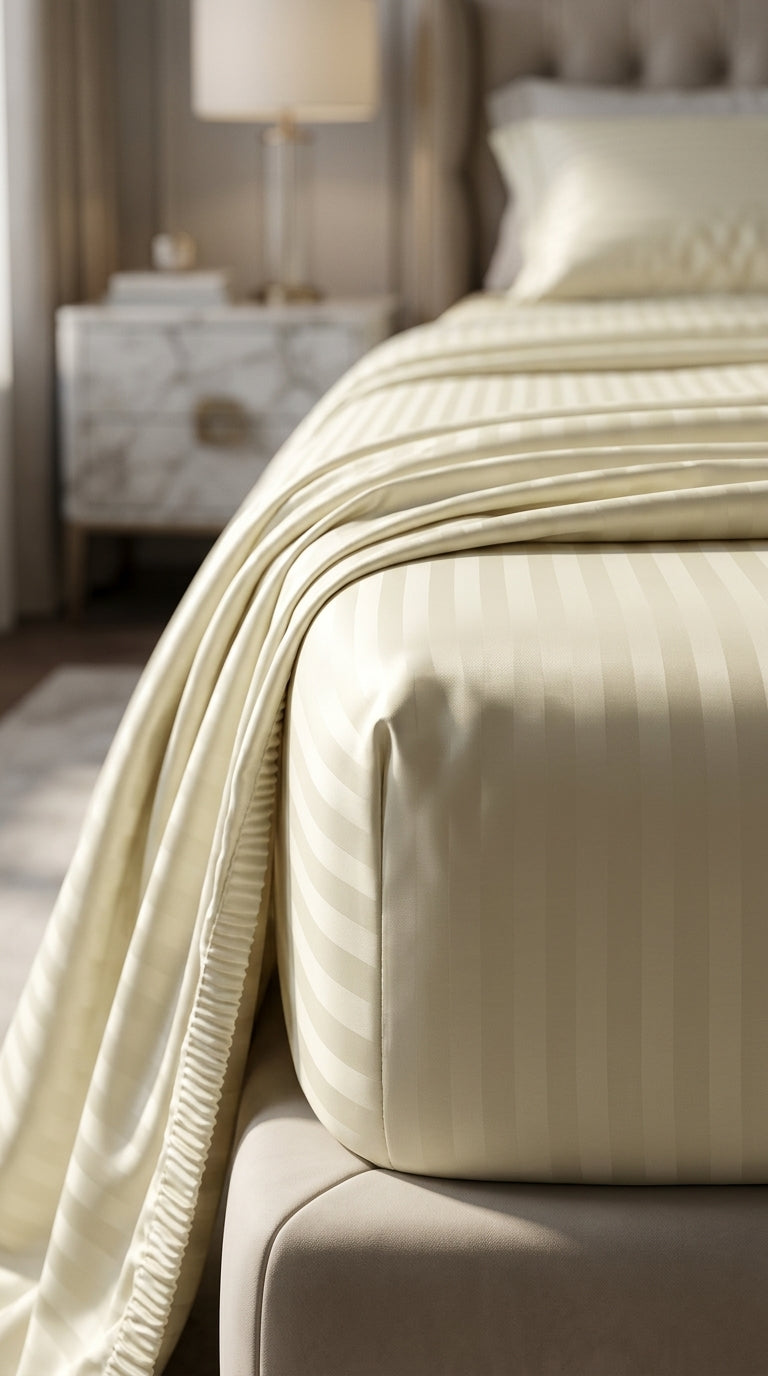 Ivory Stripe Fitted Bedsheet Set – King Size, Sateen Cotton