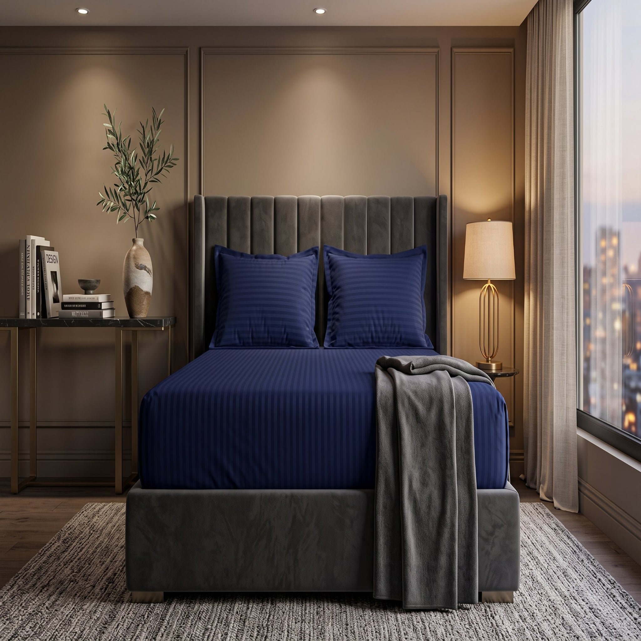 Navy Blue Stripe Fitted Bedsheet Set - King Size | Includes 2 Pillow Covers | Micro Cotton Bedding