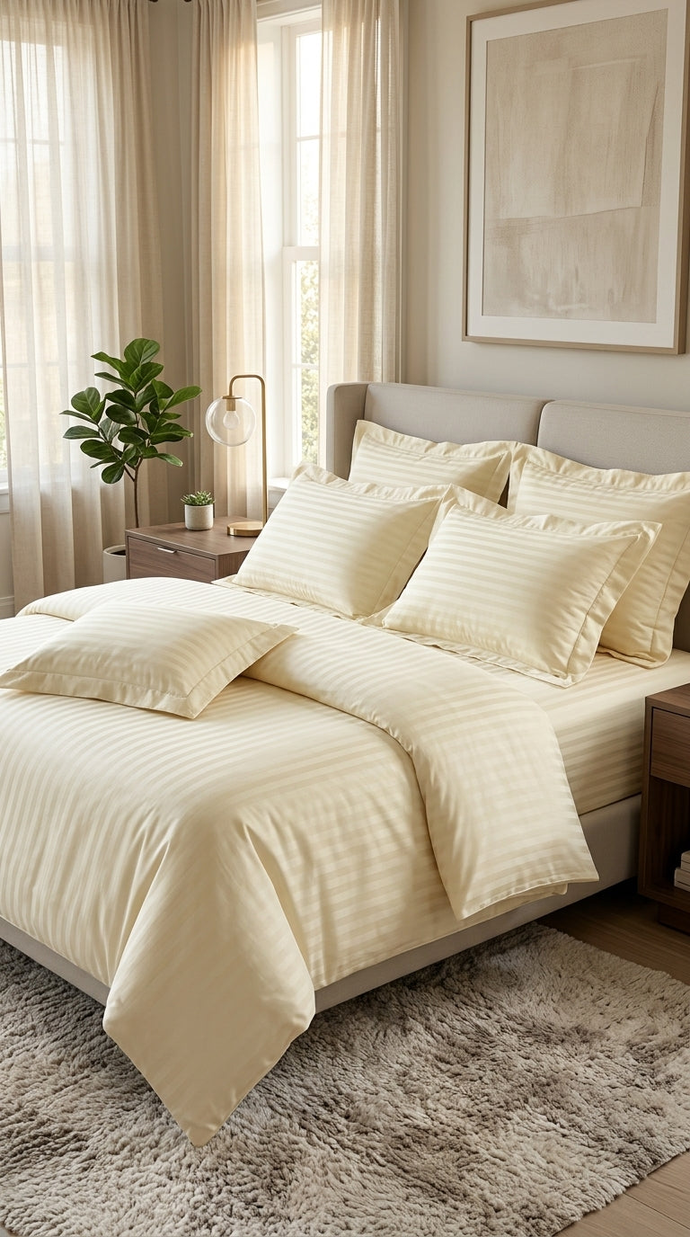 Ivory Stripe Fitted Bedsheet Set – King Size, Sateen Cotton