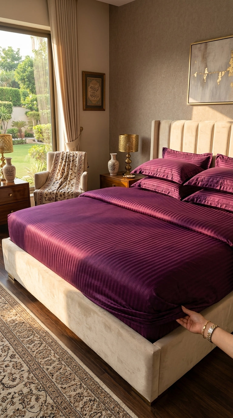 Royal Purple Stripe Fitted Bedsheet Set – King Size