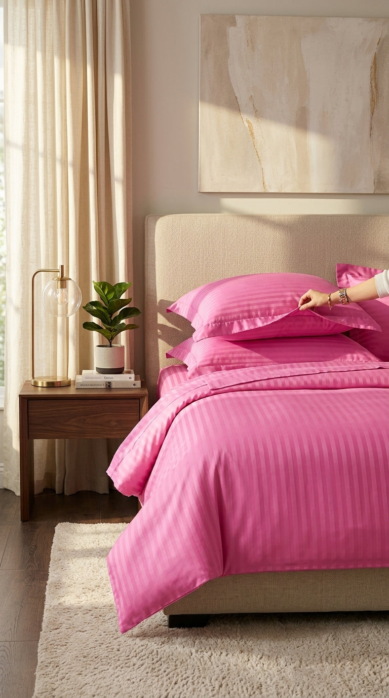 Blush Pink Sateen Stripe Bedsheet – King Size