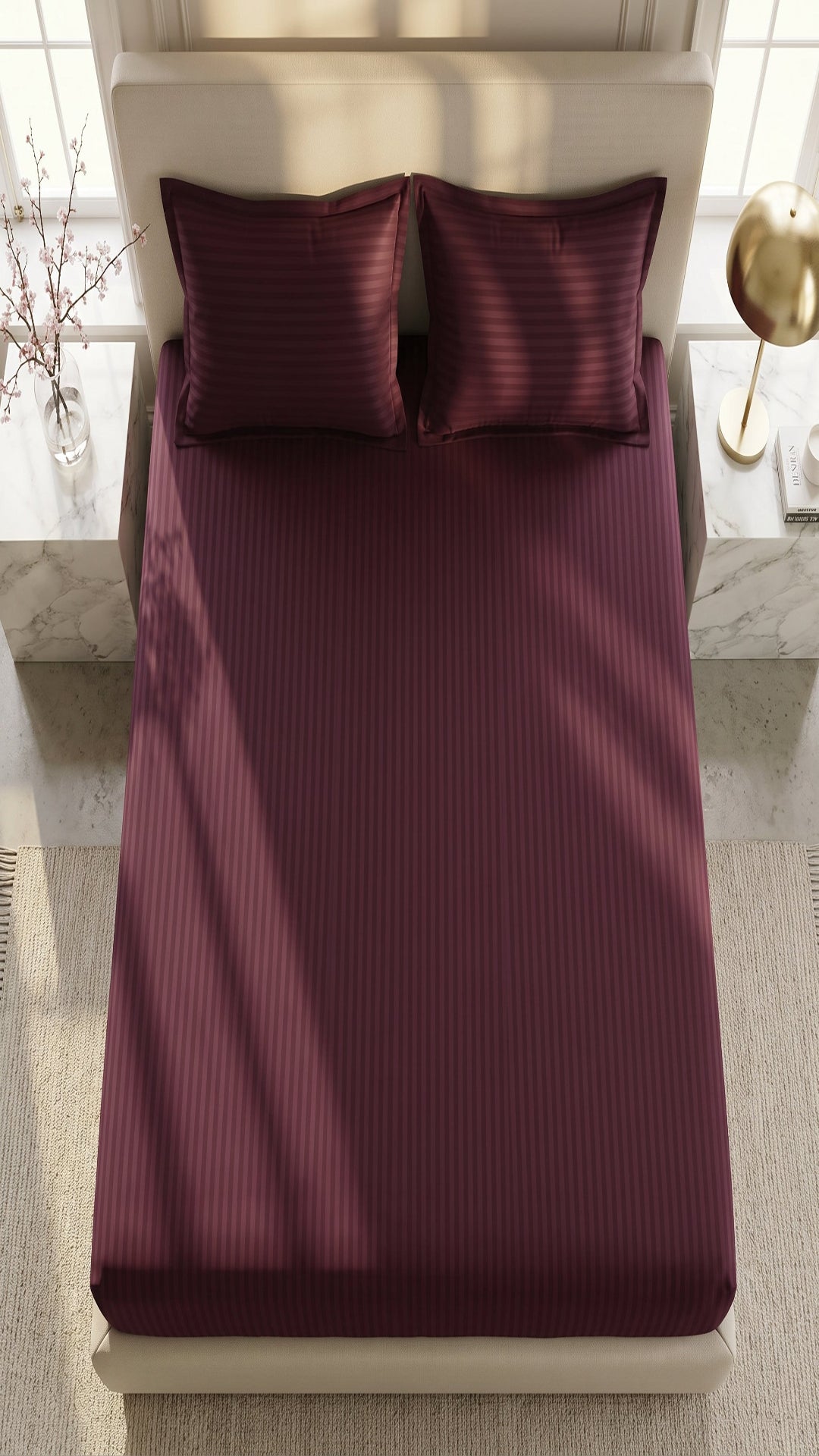 Deep Red Stripe Fitted Bedsheet – King Size | 100% Micro Cotton Elastic Deep Pocket Bed Sheet