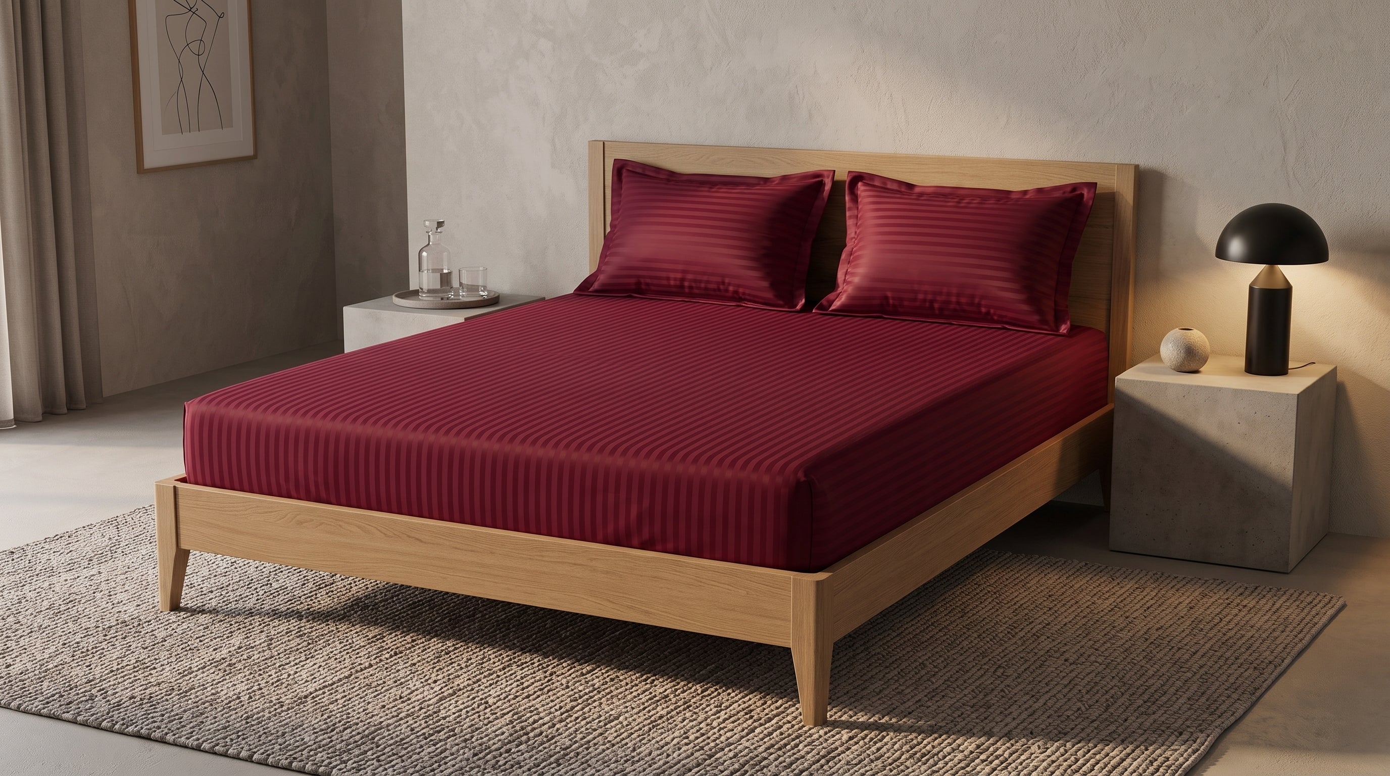 Deep Crimson Red Satin Stripe Fitted Bedsheet Set - King Size | Includes 2 Pillow Covers | Premium Cotton Bedding