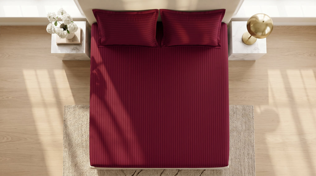Deep Crimson Red Satin Stripe Fitted Bedsheet Set - King Size | Includes 2 Pillow Covers | Premium Cotton Bedding