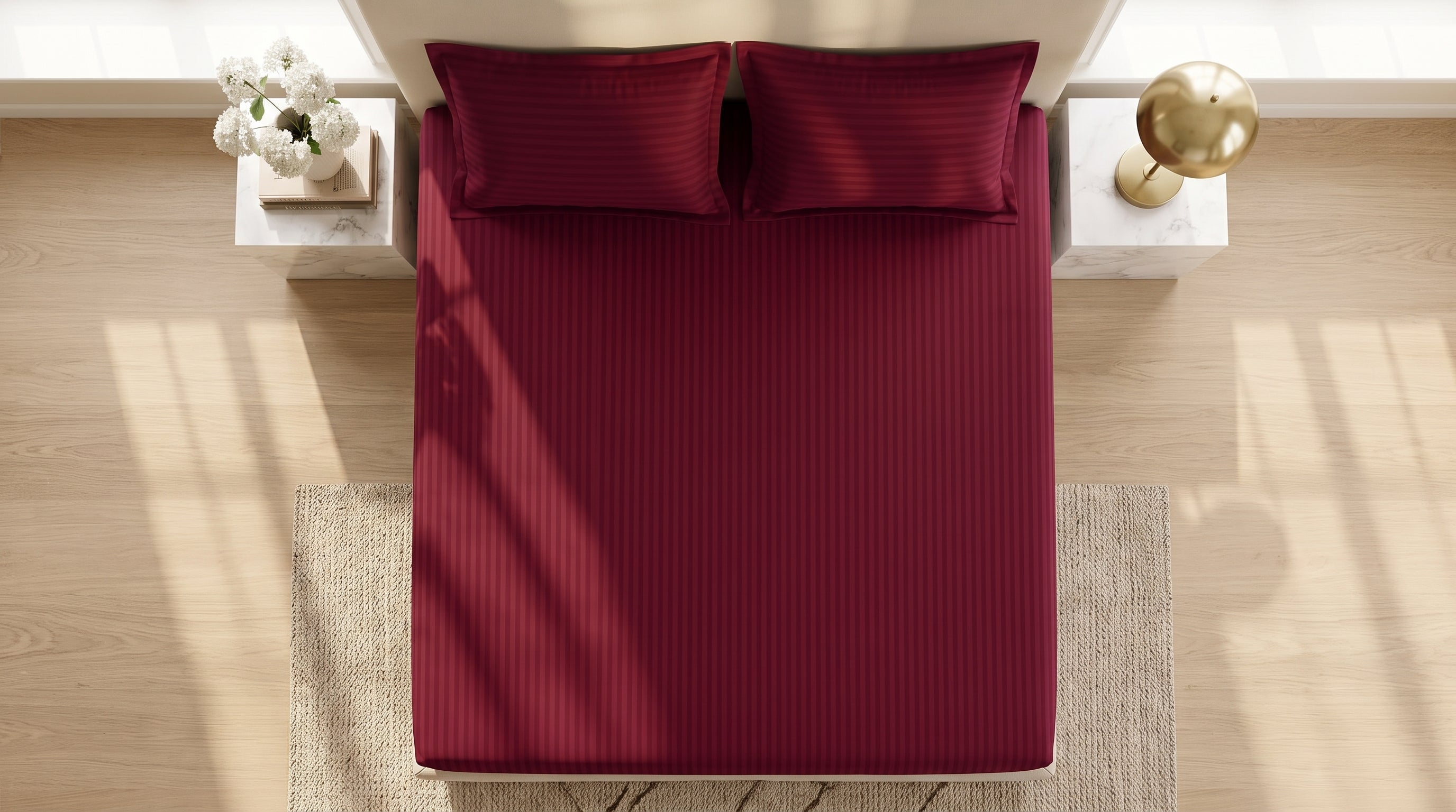 Deep Crimson Red Satin Stripe Fitted Bedsheet Set - King Size | Includes 2 Pillow Covers | Premium Cotton Bedding